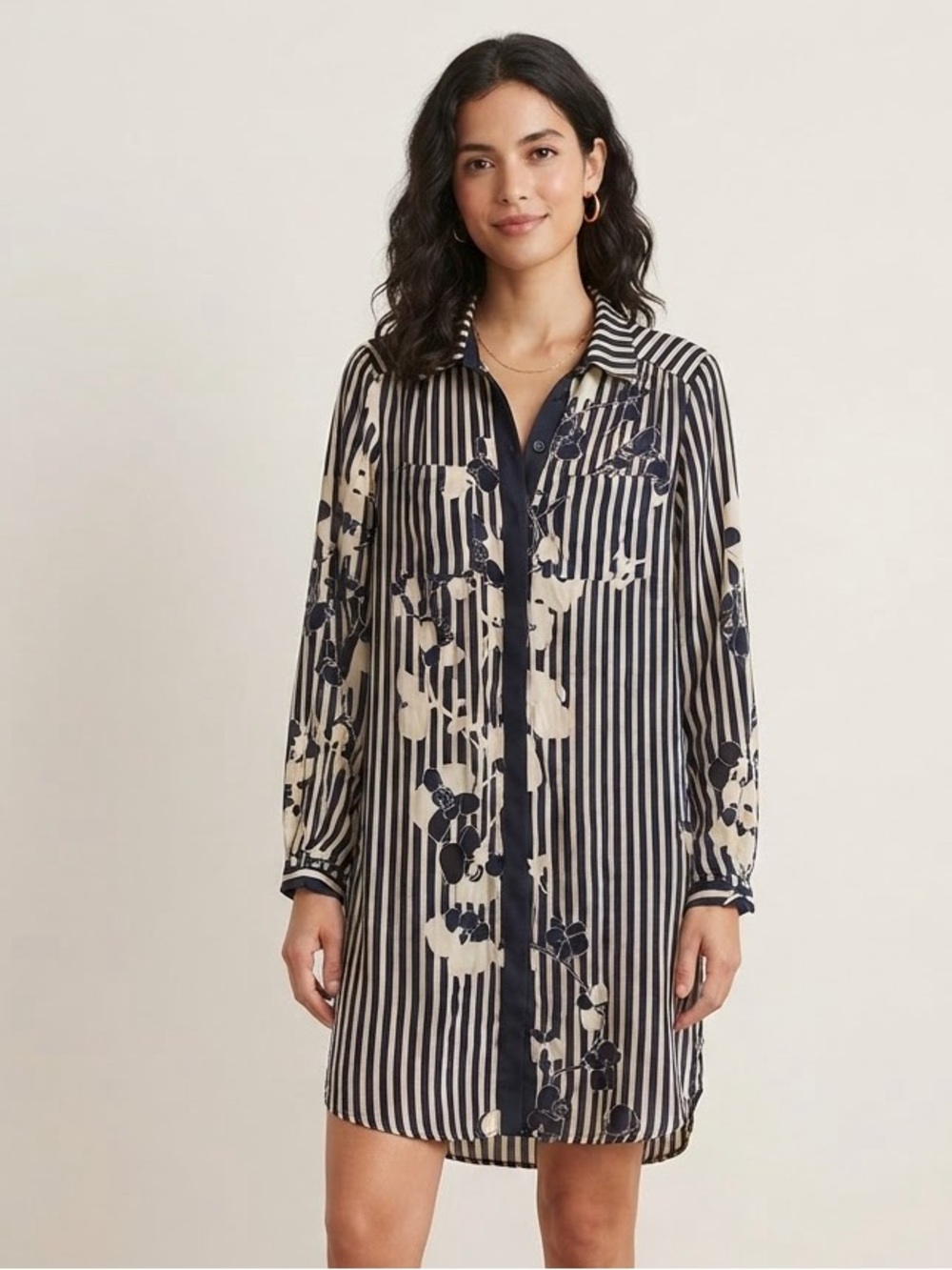 Diane Von Furstenberg DVF Sz 10 100% Silk Button Front Strip Floral Shirt Dress